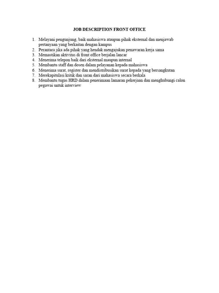 Job Description Front Office PDF