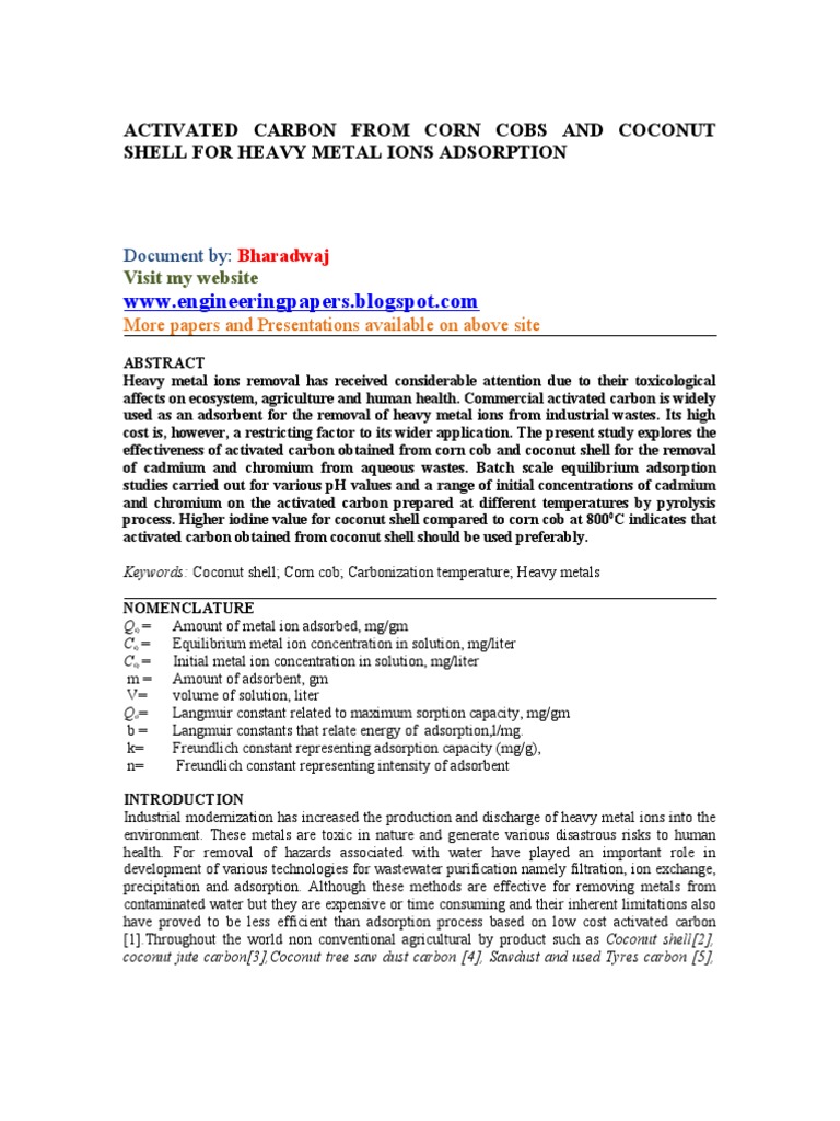 Corn Cob Carbon for Heavy Metal Removal | PDF | Adsorption | Chromium