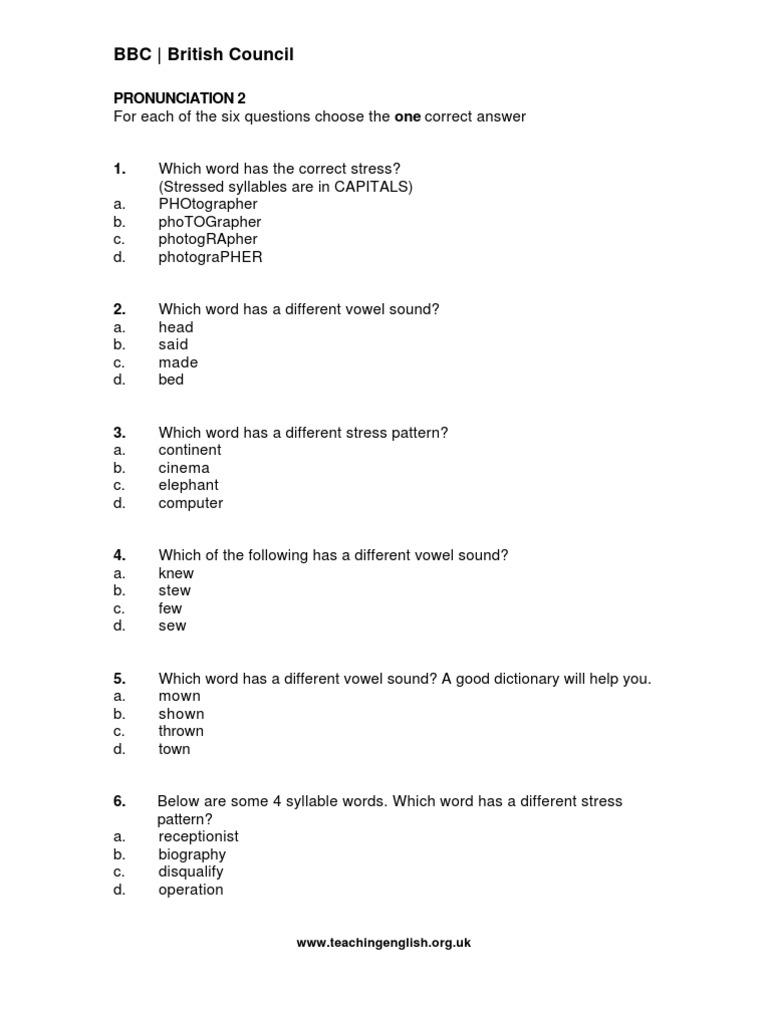 Pronunciation Quiz and Answers Guide | PDF