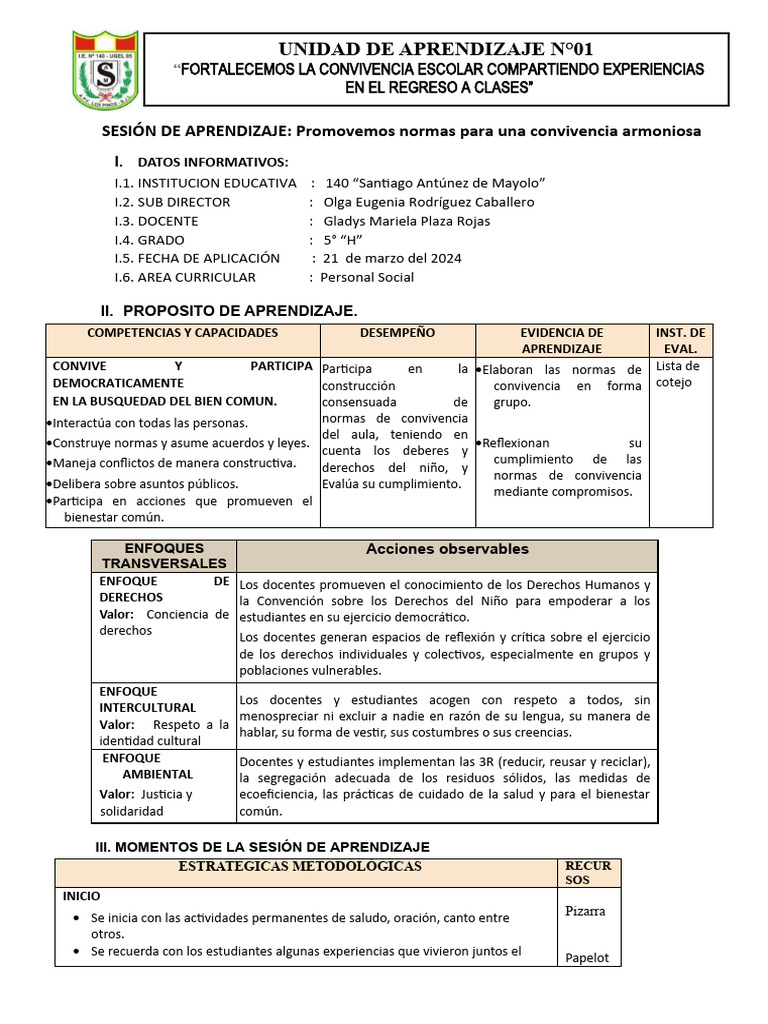 Normas para la Convivencia Escolar | PDF | Salón de clases | Enseñando