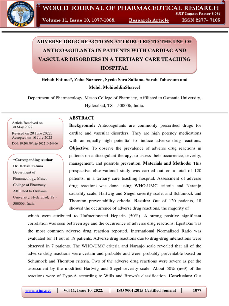 Adverse Drug Reactions Attributed To The Use of Anticoagulants in ...