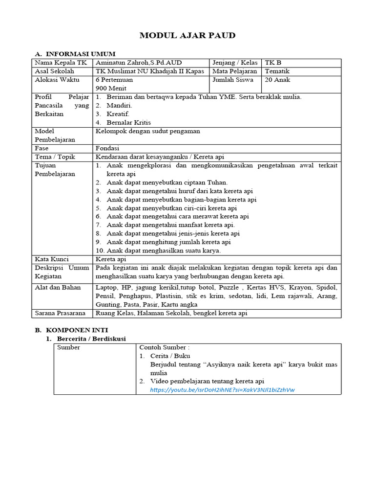 Modul Ajar PAUD: Tema Kereta Api | PDF
