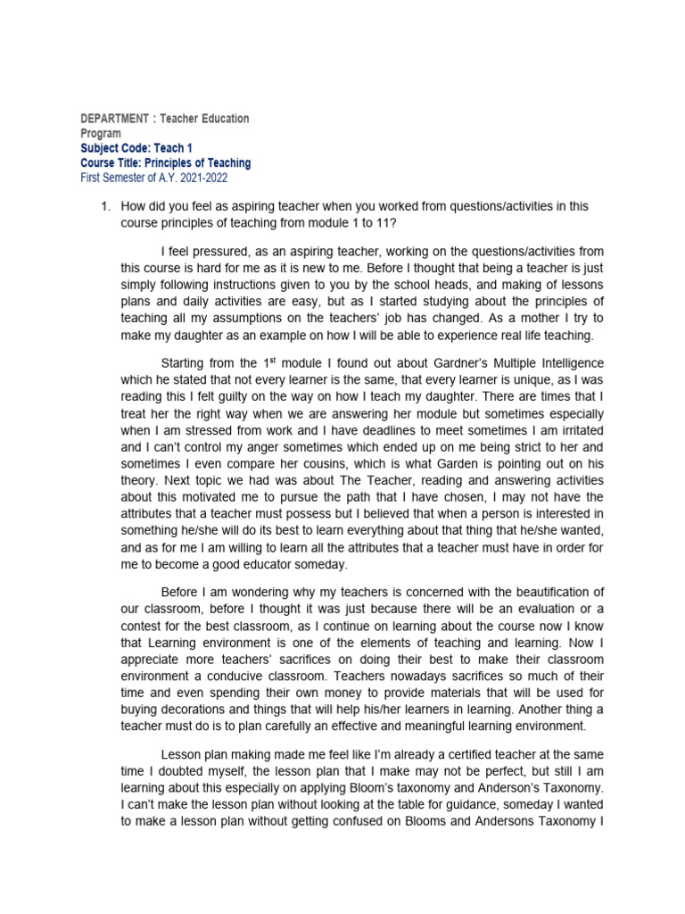 Principles of Teaching Reflections | PDF | Teachers | Lesson Plan