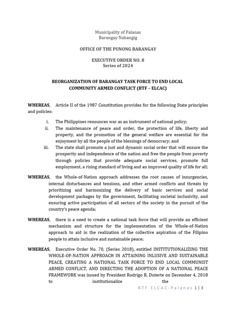 Reorganization of Barangay ELCAC Task Force | PDF | Peace | Government