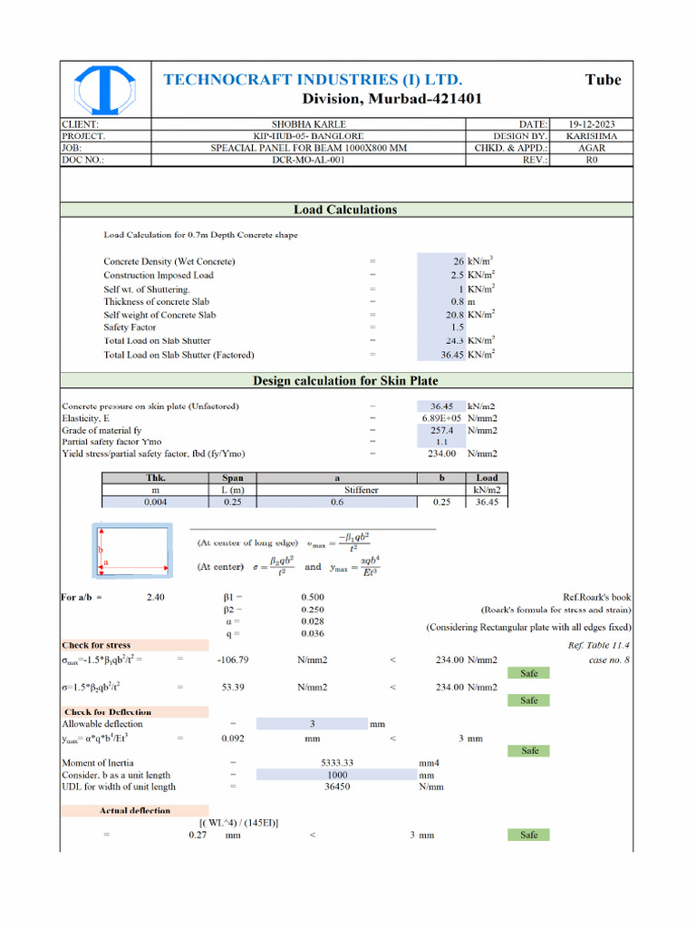 Design Calculation For Beam 1000X800 | PDF
