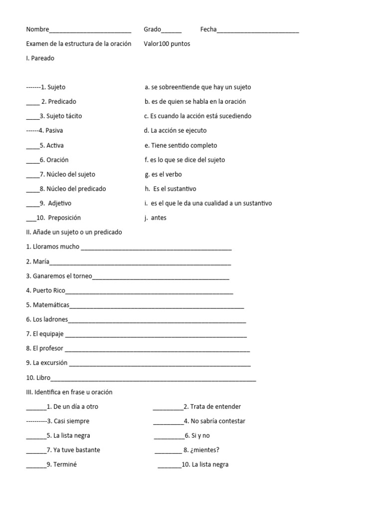 Examen #3 12mo | PDF | Asunto (gramática) | Predicado (Gramática)