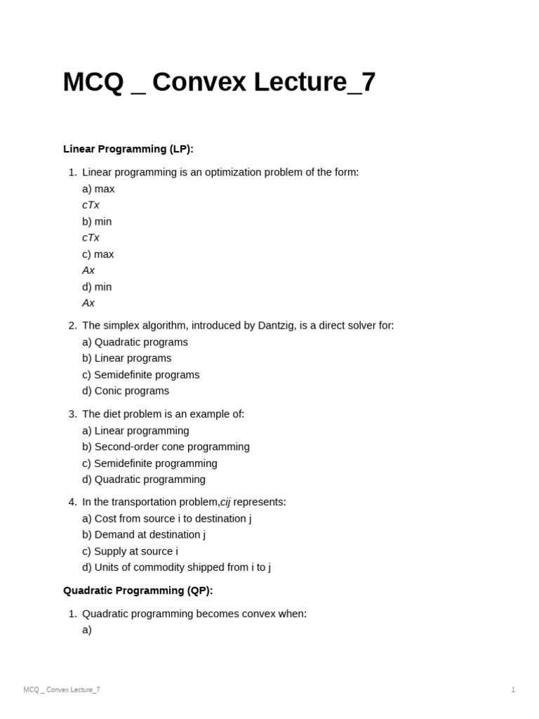 Convex Optimization MCQs | PDF | Linear Programming | Mathematical Objects