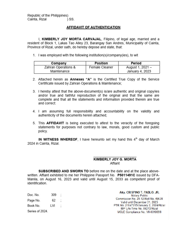Affidavit of Authentication Samples | PDF | Affidavit | Evidence