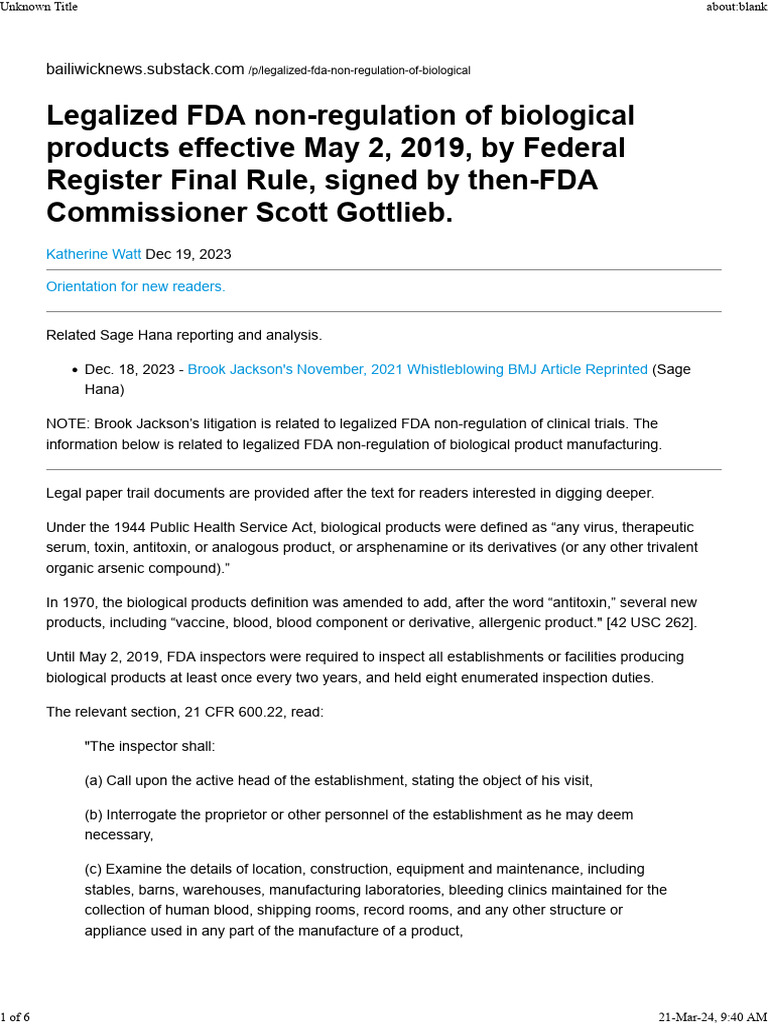 Legalized FDA Non-Regulation of Biological Products Effective May 2 ...