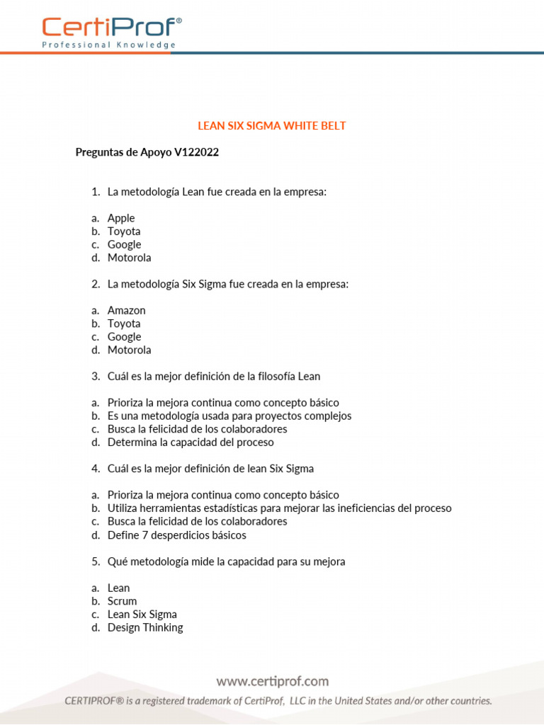 Prueba de práctica Lean Six Sigma White Belt | PDF | Six Sigma