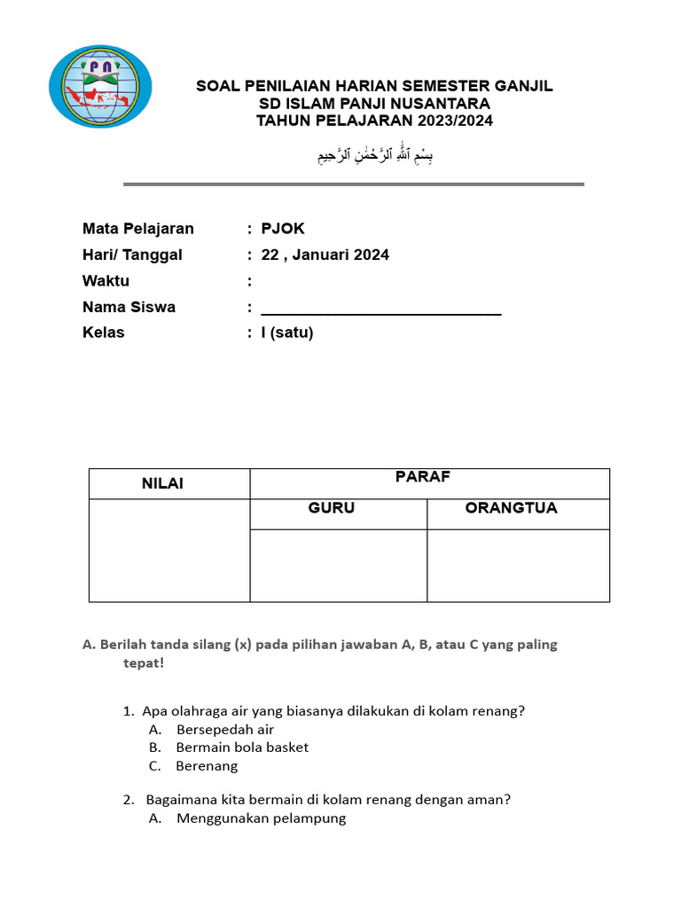 60 Soal PJOK Kelas 1 SD Semester 1 2025