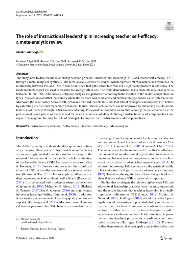 The Role of Instructional Leadership in Increasing Teacher Self ...
