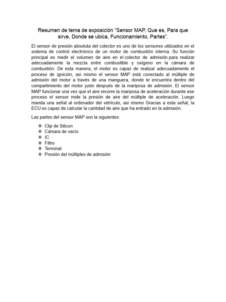 Resumen de tema de exposición “Sensor MAP, Que es, Para que sirve