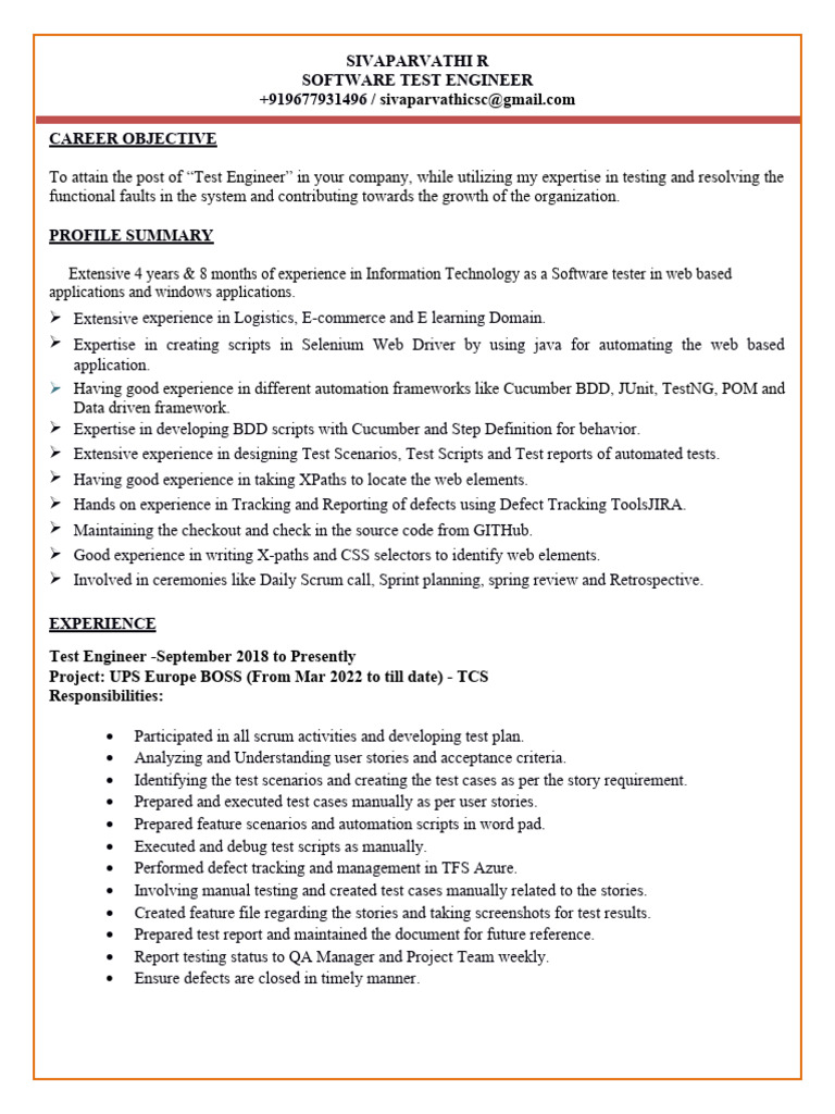 Software Test Engineer Resume | PDF | Selenium (Software) | Software ...