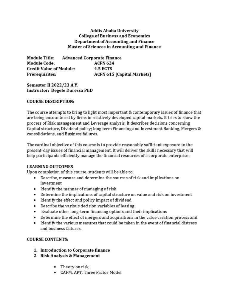 Advanced Corporate Finance Syllabus | PDF | Capital Structure | Risk