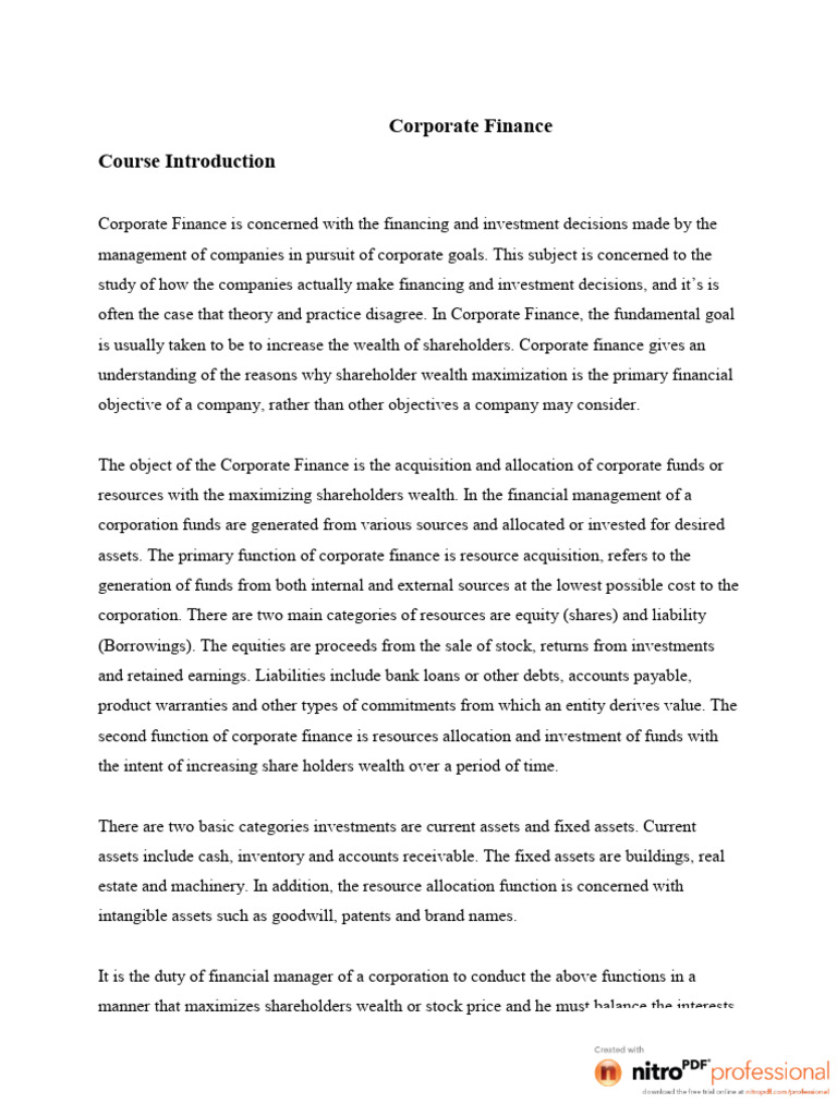 Advanced Corporate Finance Overview | PDF | Financial Risk | Capital ...