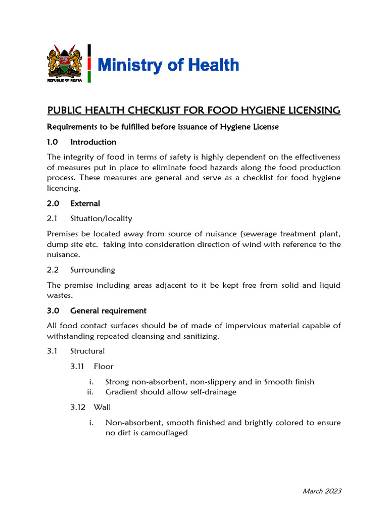 Food Hygiene Licensing Checklist 2023 | PDF | Hygiene | Food Safety