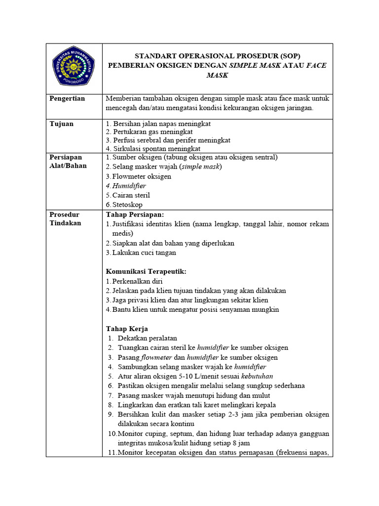 SOP Pemberian Oksigen dengan Simple Mask | PDF
