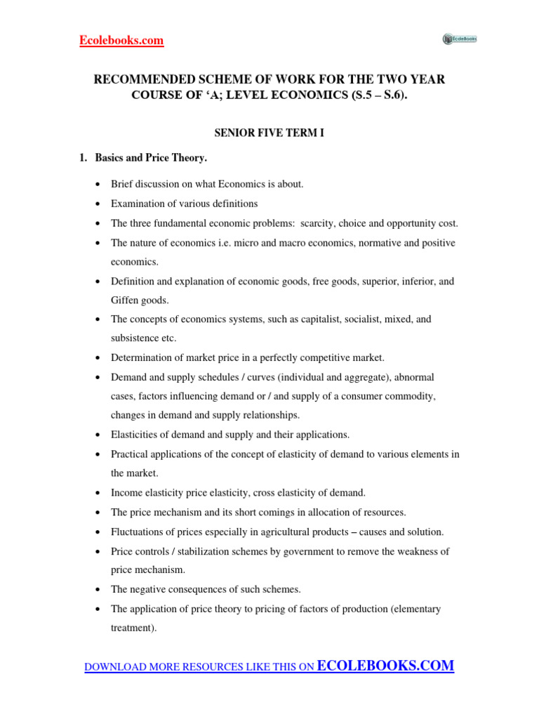 A-Level Economics Scheme of Work | PDF | Cost Of Living | Inflation