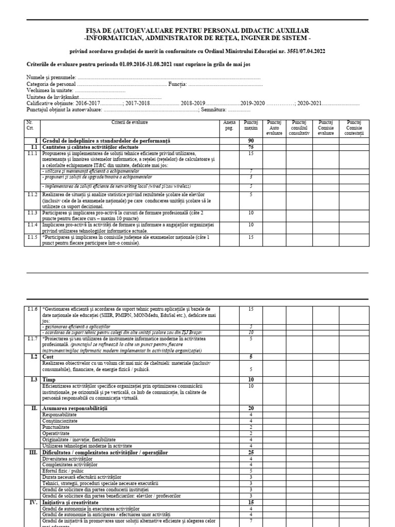 Fisa (Auto) Evaluare Gradatie Merit Informatician | PDF