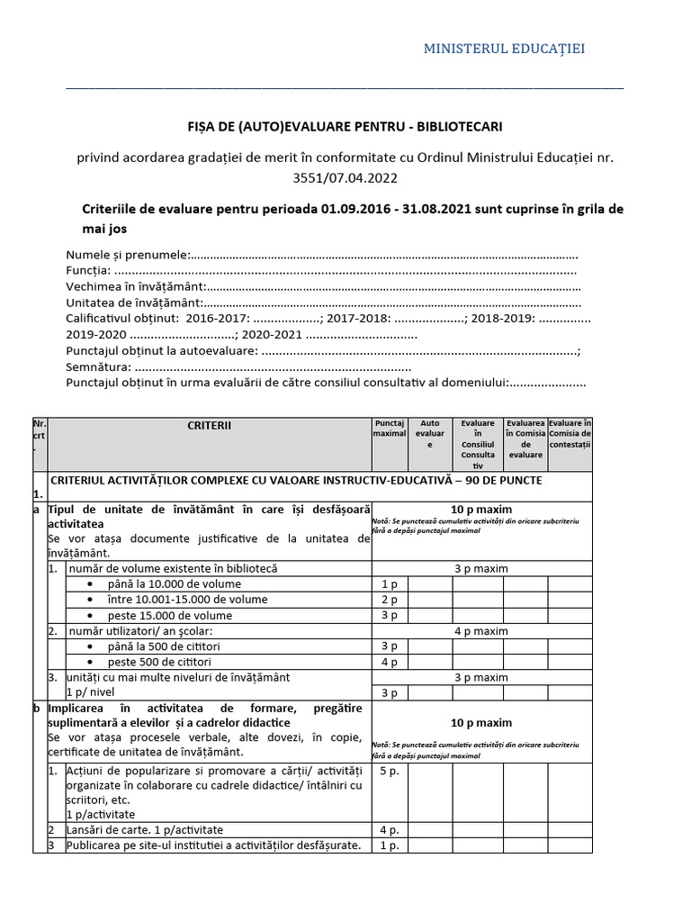 Fisa (Auto) Evaluare Gradatie Merit Bibliotecar | PDF