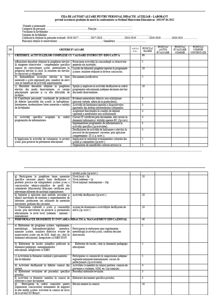 Fisa (Auto) Evaluare Gradatie Merit Laborant | PDF