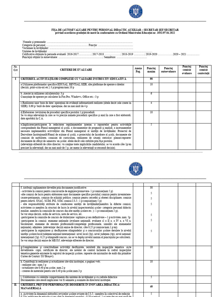 Fisa (Auto) Evaluare Gradatie Merit Secretar | PDF