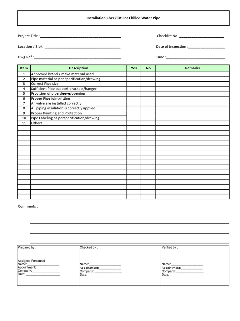 Installation Checklist For Chilled Water Pipe PDF