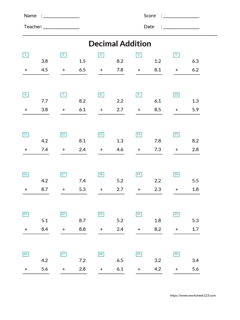 Single Digit Decimal Addition Pdf