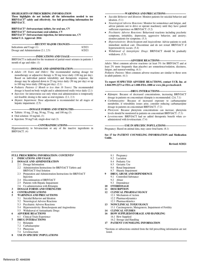 13.0 Brivaracetam FDA Label | PDF | Dose (Biochemistry) | Chemistry