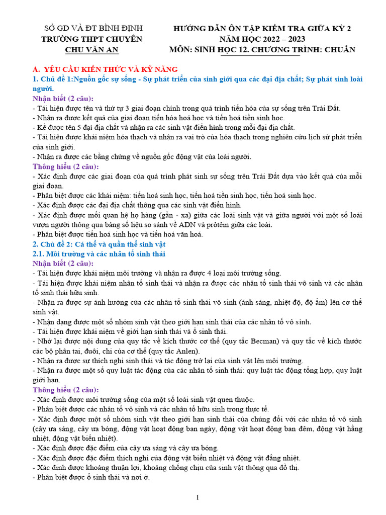 Sinh Hoc 12 - Huong Dan On Tap Giua Hoc Ky Ii Nam 2022-2023 HS | PDF
