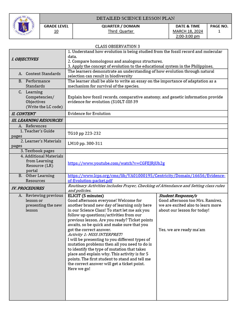 Science Lesson Plan on Evolution for Grade 10 | PDF | Genetic Code ...