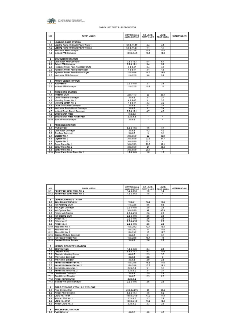Check List Test Electromotor | PDF | Pump | Power Station