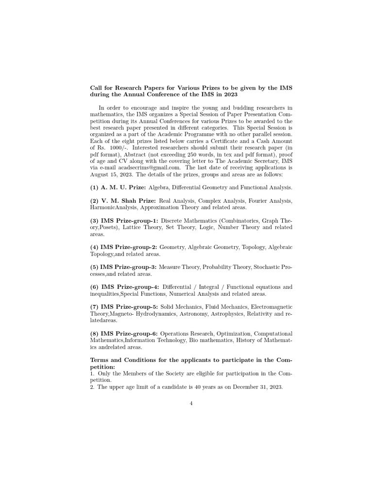 Call For Papers For IMS Prizes2023 PDF Mathematical Analysis