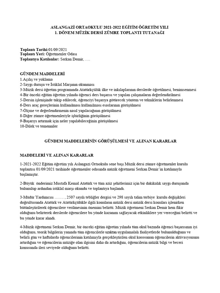 Donem Muzik Zumre Tutanagi 2021 2022 Pdf