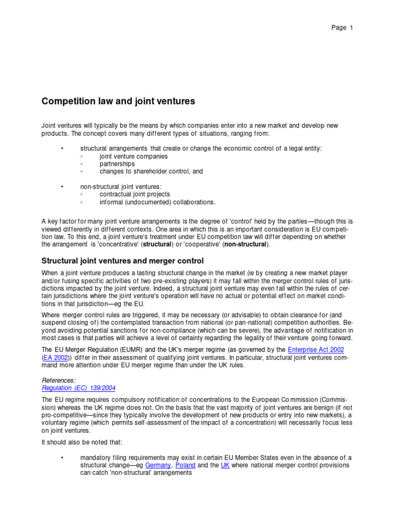 Competition Law and Joint Ventures' | PDF | Joint Venture | Mergers And ...