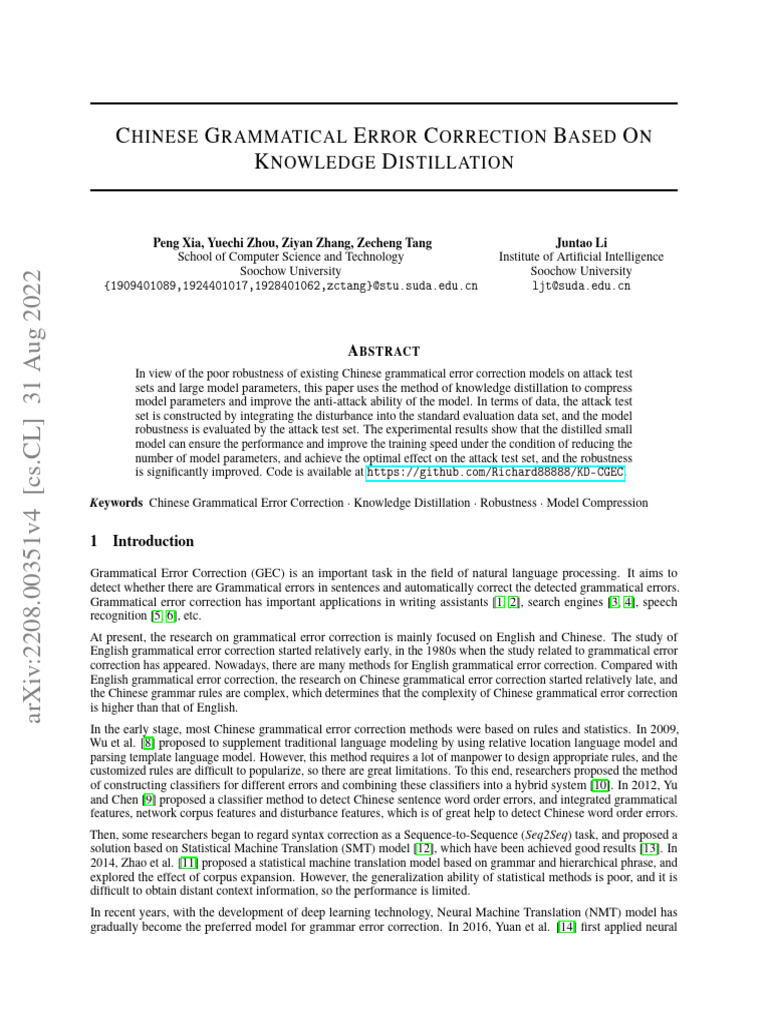 Chinese Grammar Error Correction via KD | PDF | Artificial Neural ...
