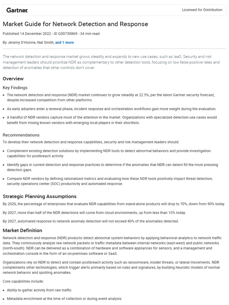 2024 Gartner NDR Market Insights | PDF | Cloud Computing | Computer Network