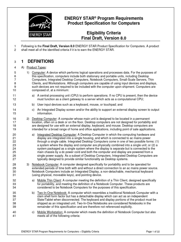 ENERGY STAR Computers Version 8.0 Final Draft Specification | PDF ...