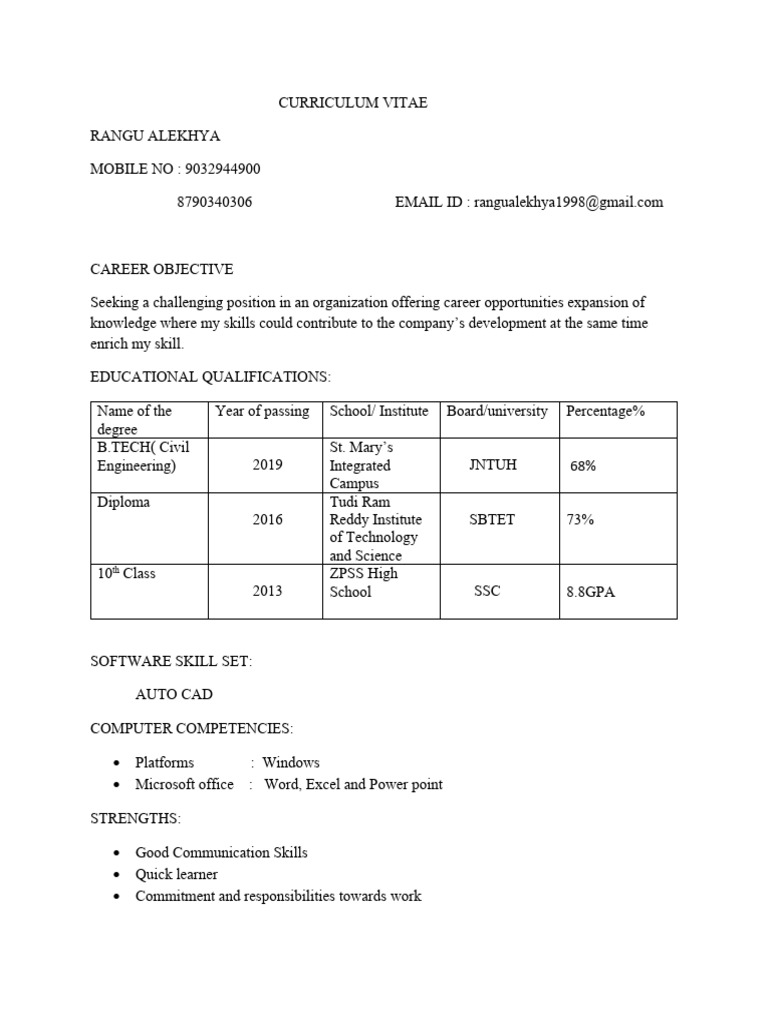 Civil Engineer Resume of Rangu Alekhya | PDF | Computing | Software