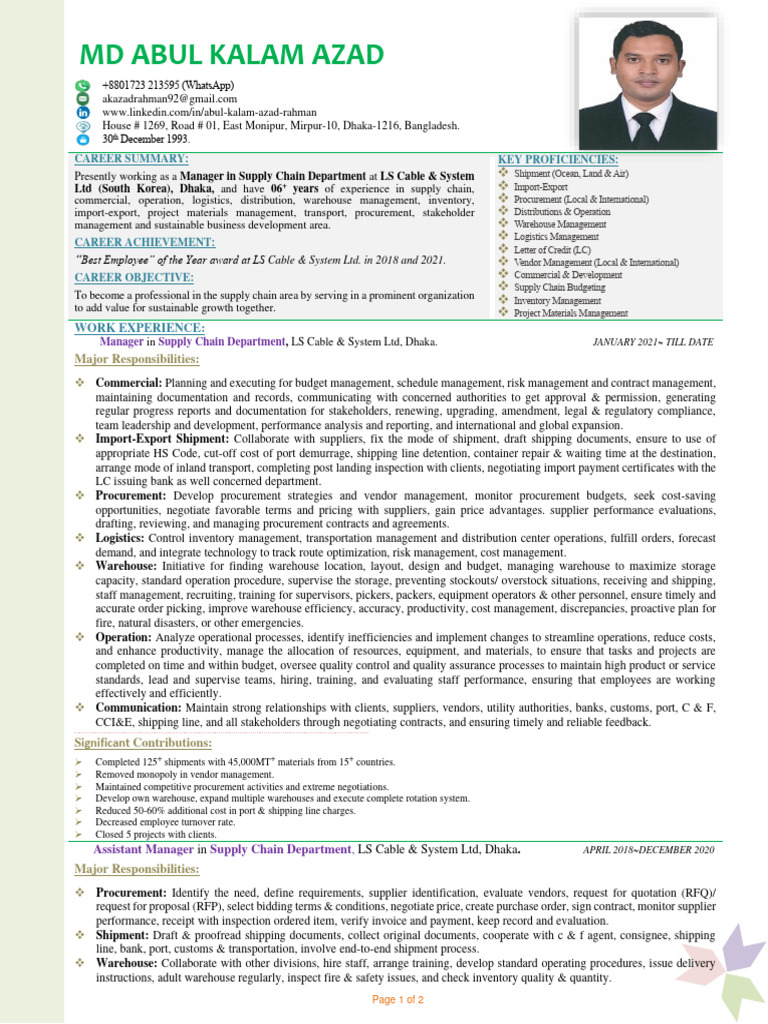 MD Abul Kalam Azad - Resume | PDF | Logistics | Supply Chain