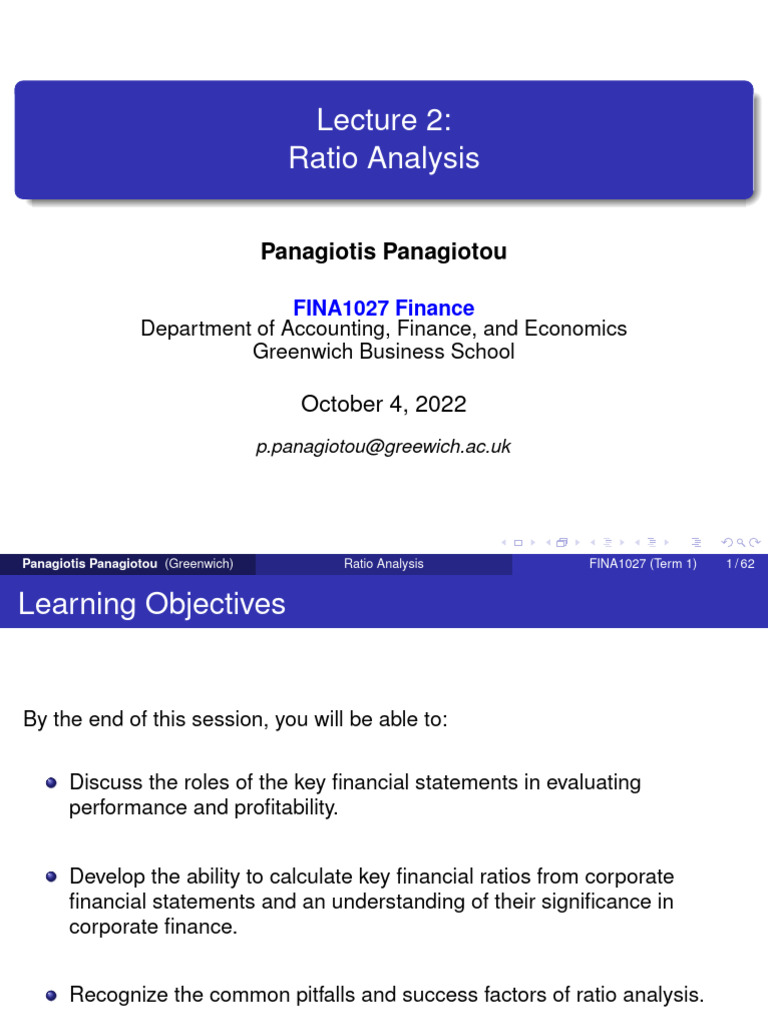 FINA1027 Lecture 2 Ratio Analysis | PDF | Price–Earnings Ratio | Dividend