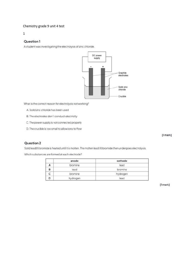 Chemistry grade 9 unit 4 test ch4 5 redox electrolisis energetics pdf