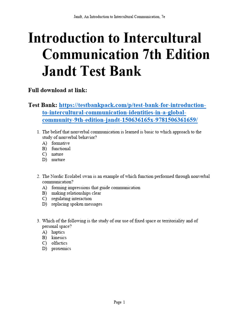 Introduction To Intercultural Communication 7Th Edition Jandt Test Bank
