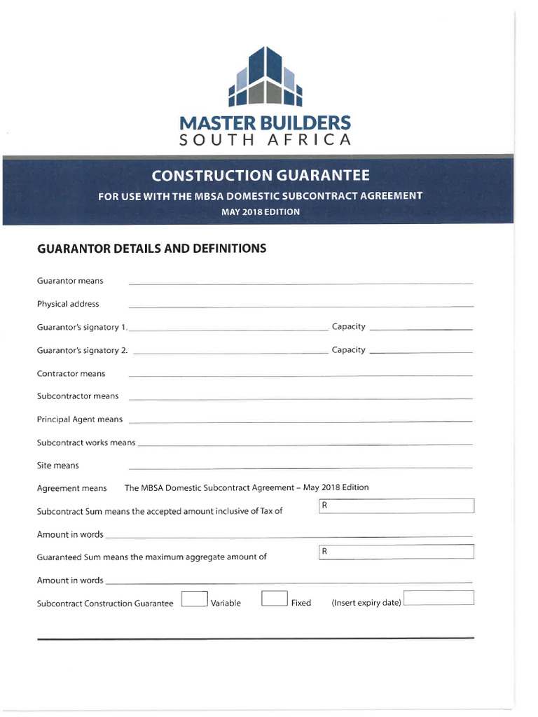 MBSA Construction Guarantee Template For Use With The JBCC PBA