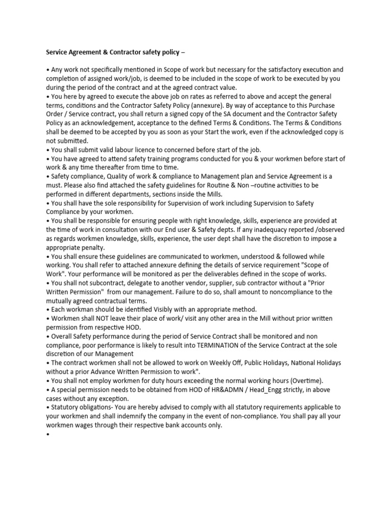 Service Agreement & Contractor Safety Policy | PDF | Insurance ...