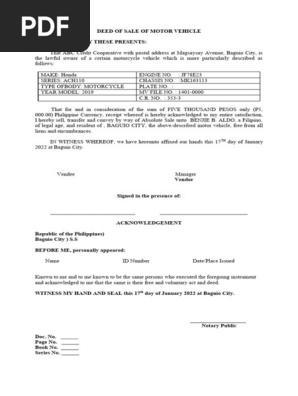 DEED OF SALE OF MOTOR VEHICLE