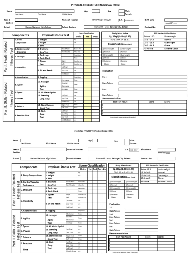 PFT Form 2022 2023 | PDF | Body Mass Index | Overweight