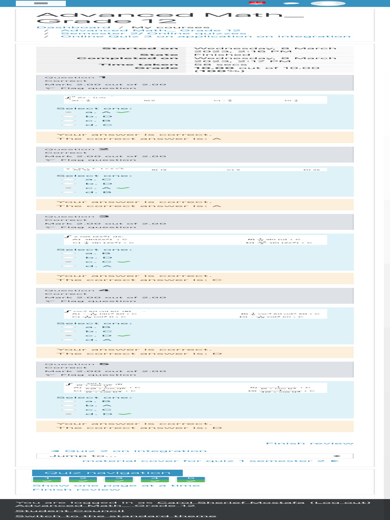 Grade 12 Advanced Math Quiz Results | PDF