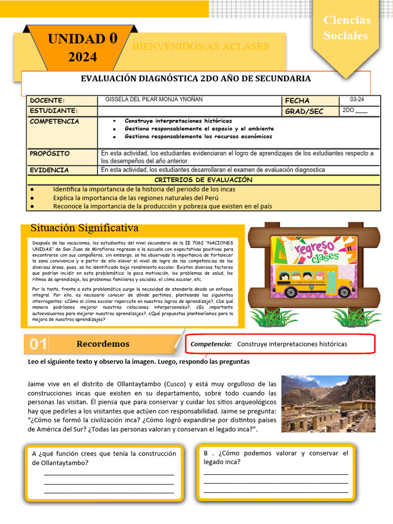 Evaluación Diagnóstica 2do Año Secundaria | PDF | Imperio Inca | Evaluación